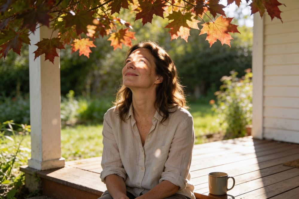 A woman on a sunlit porch step, face turned up to the light, relaxed and not squinting