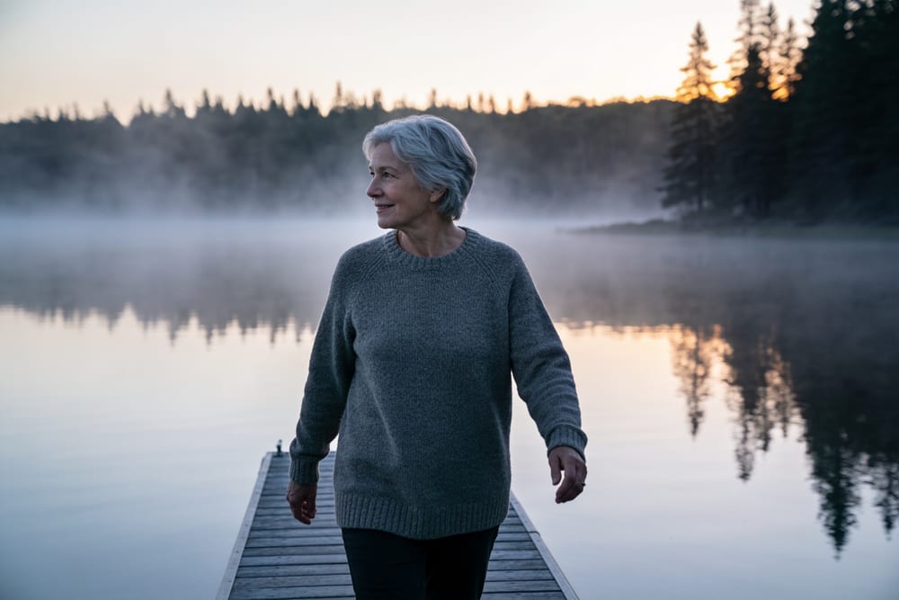 A woman walking steadily and unaided along a dock over a misty lake at dawn