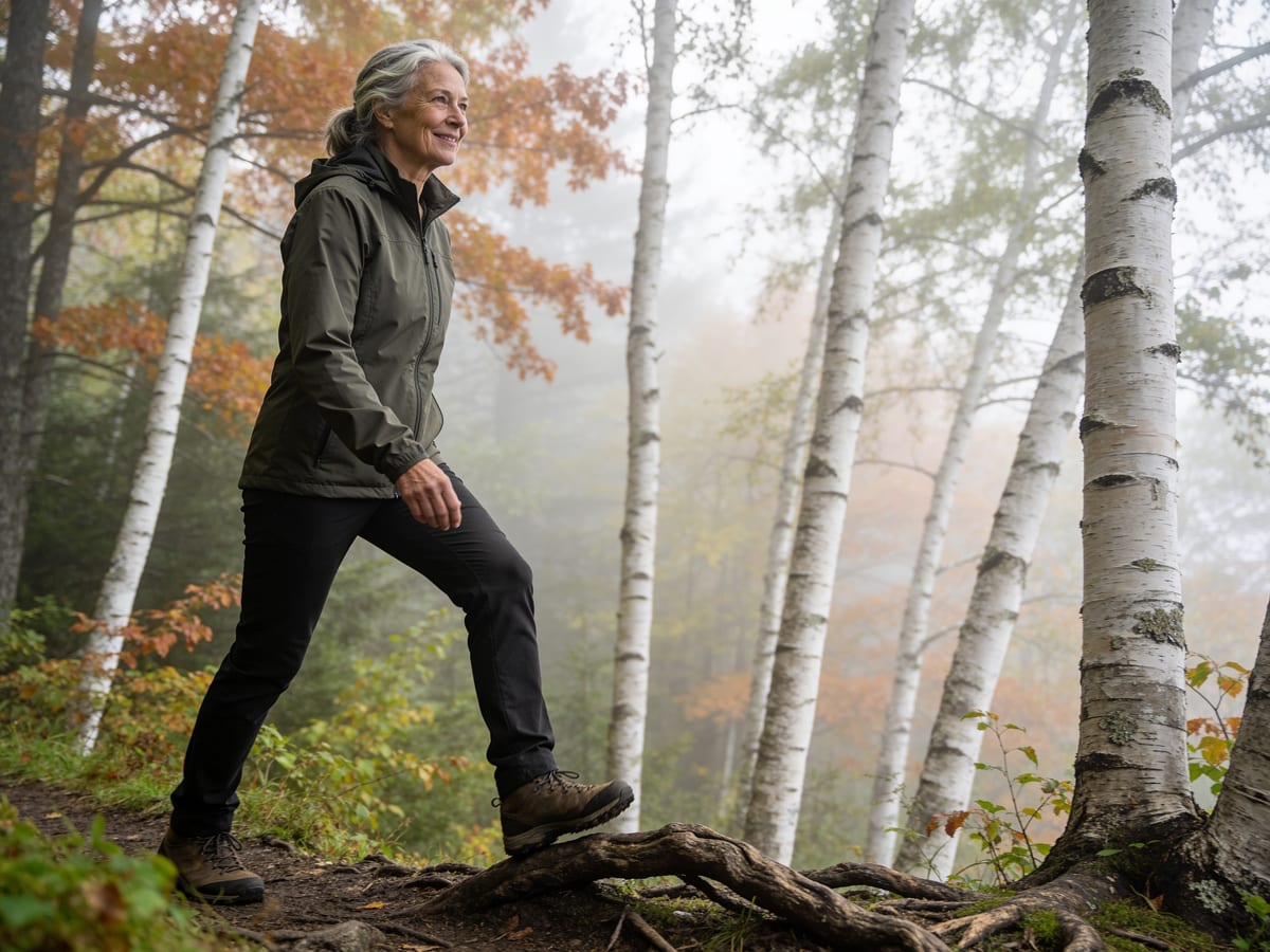 A woman in her sixties hiking confidently over a tree root on a misty forest trail
